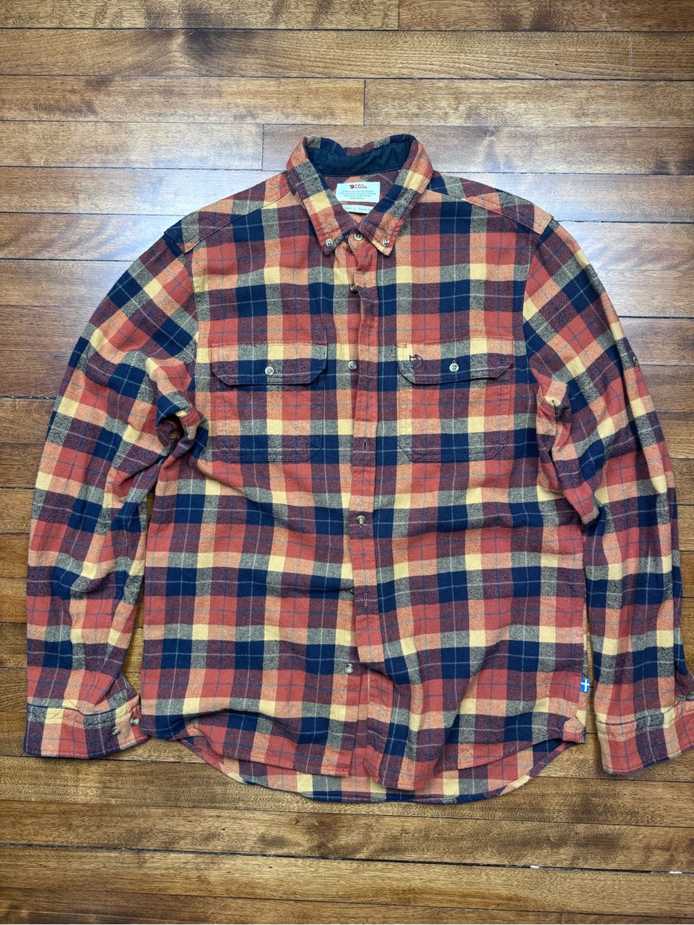 Fjällräven Men's Orange and Navy Plaid Button-Down Singi Heavy Flannel Shirt